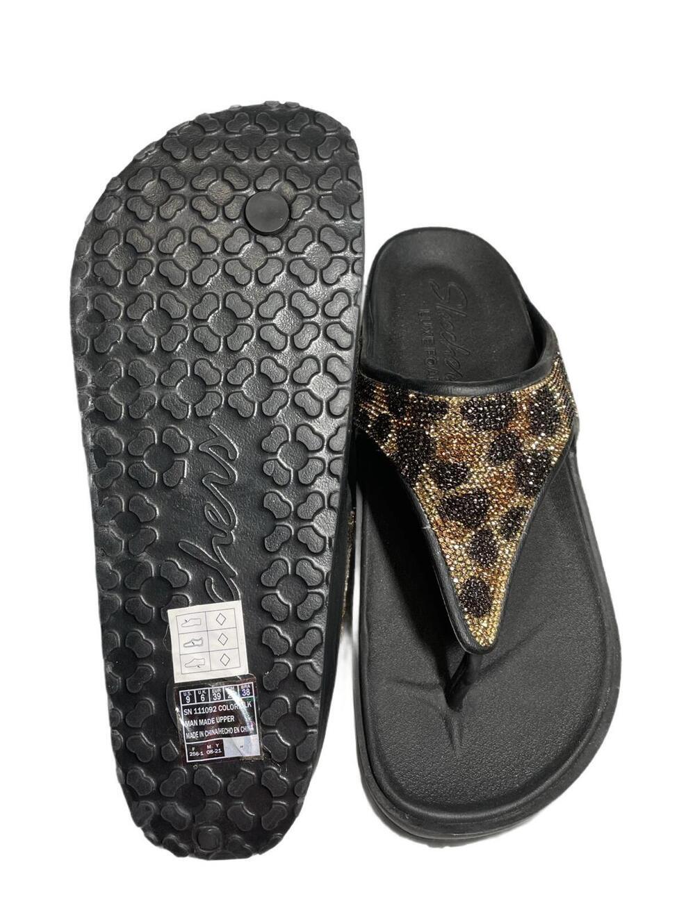 Skechers Foamies Leopard Print Rhinestone Embellished Thong Sandals, Size 9 - Picture 7 of 8